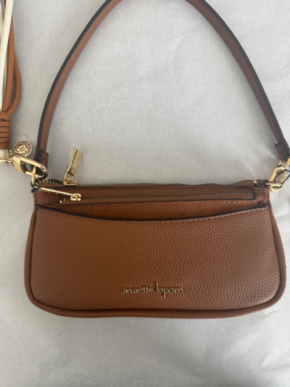 Nanette Lepore Cognac Pebble Leather Mini Shoulder Bag with Tassel - Picture 11 of 12